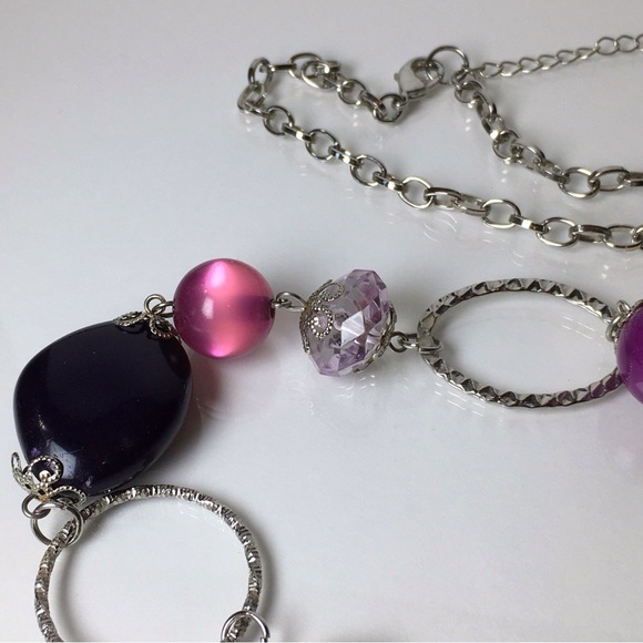 Pink And Purple Bead Silver Tone Chain Necklace 36.5 Inches - Picture 2 of 6